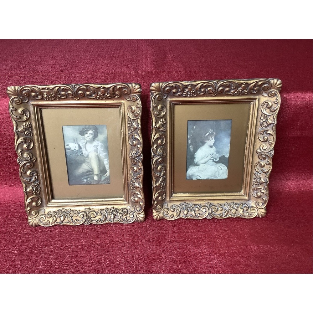 Boy With A Rabbit " Innocence Of A Child" 7x 6" Gold Ornate Framed Set Of 2 Vtg